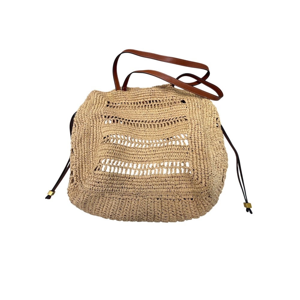 Mango MNG Beige Straw Paper Tote Bag Brown Leather Trim Boho Beach Bag
